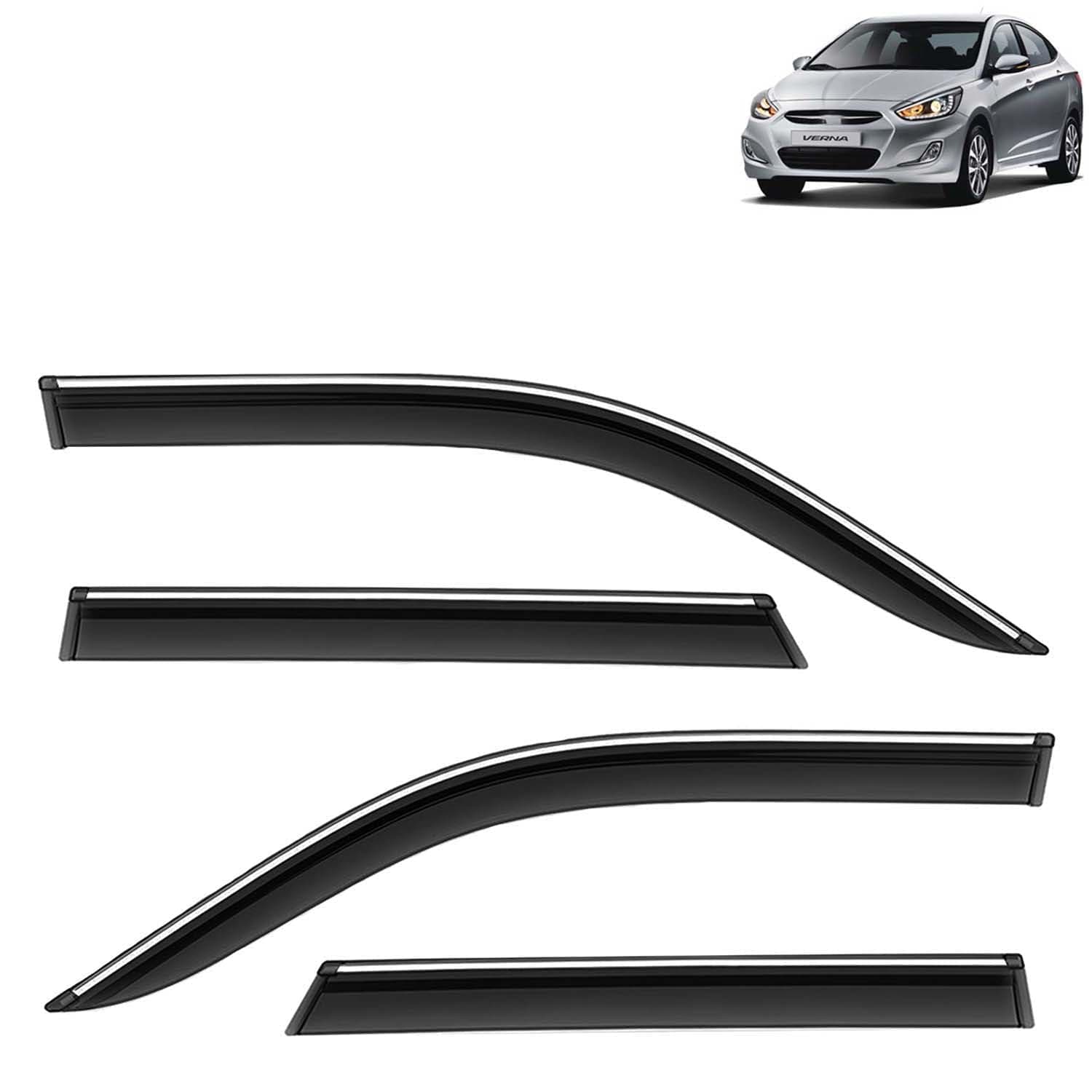 KINGSWAY Accessories Chrome Lining Door Visor Only Compatible with Hyundai Verna (Year 2011 to 2016) All Model, Premium Chromeline Unbreakable Car Rain Guard Side Rear Wind Deflectors, Set of 4 Pcs