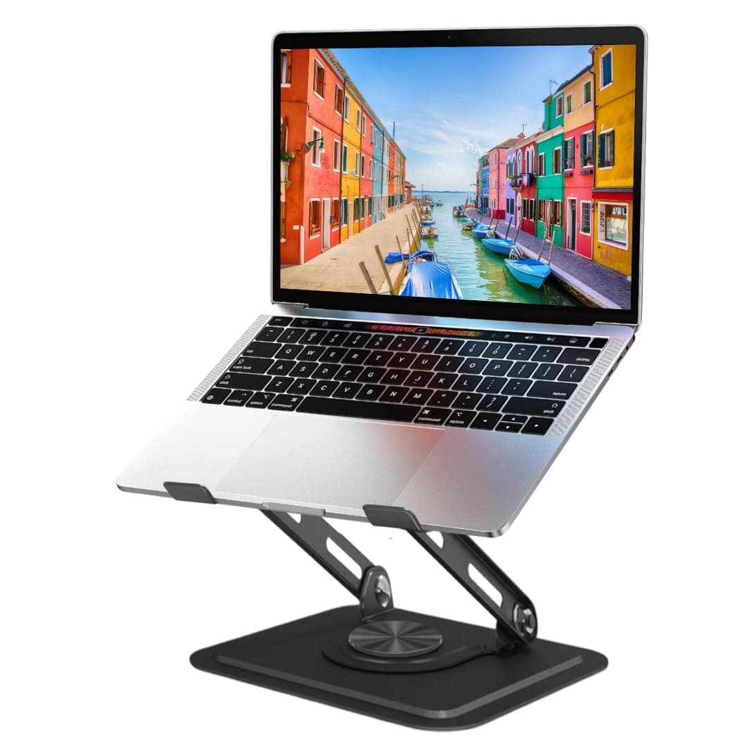 Dyazo Adjustable Laptop Stand for Desk | 360° Rotating Base Laptop Riser | Ventilated Anti-Slip Foldable Holder | Compatible for MacBook Air/Pro, Dell, HP, Lenovo & Other Notebooks (Black)