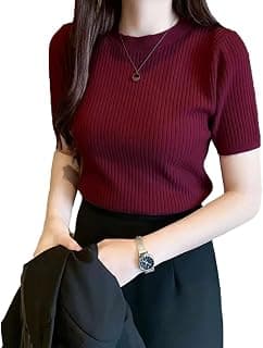 Istyle Can Women Ribbed Slim Fit Top | Stretch Cotton Knit Crew Neck T-Shirt | Solid Casual Short Sleeve Tee for Office, Layering