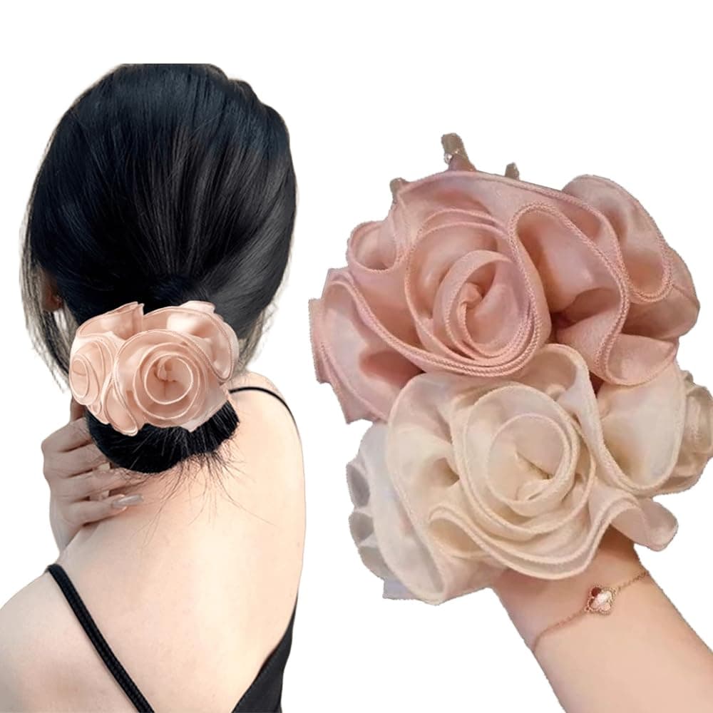 Melodio 2PCS Rose Garden Organza Flower Hair Scrunchies for Women, Soft Sheer Elastic Hair Ties, Elegant Ponytail Holders in White and Pink