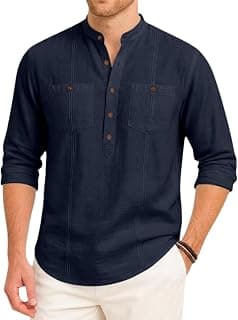 ROYALSCOUT Men's Cotton Polyester Blend Kurta Style Shirt with Mandarin Collar, Half Button Placket, Dual Chest Pockets, Long Sleeve Casual Ethnic Fusion Wear for Office, Festive and Daily Use