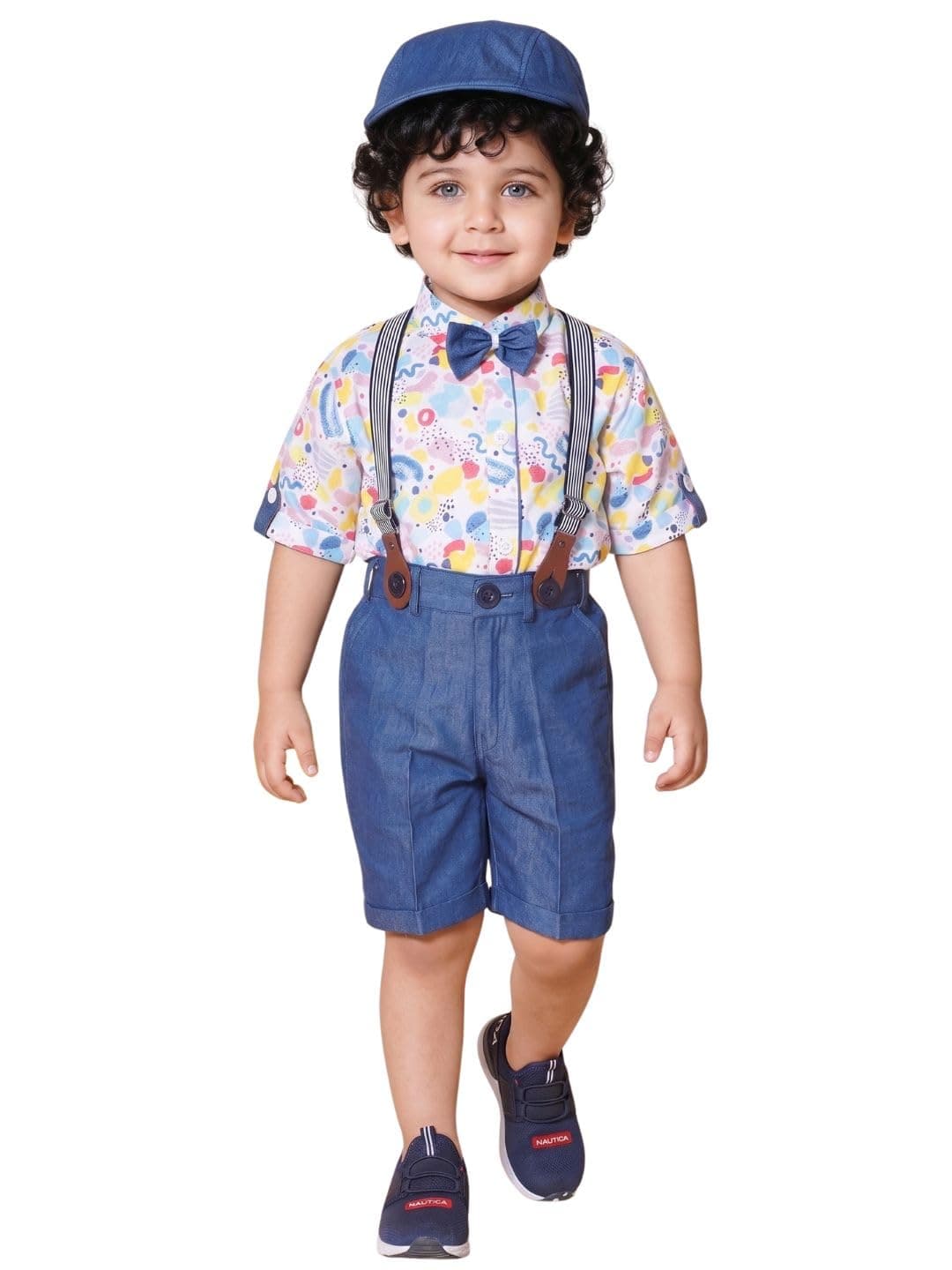 AJ DEZINES Kids Cotton Solid Shirt Shorts Set For Boys With Cap and Suspender