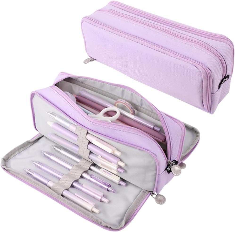 SGMVK Large Capacity Pencil Box for Girls & Boys, 3 Compartments Pen & Pencil Pouches, Aesthetic Stationery Pouch for School Kids College Students, Cute Stationary (Purple)