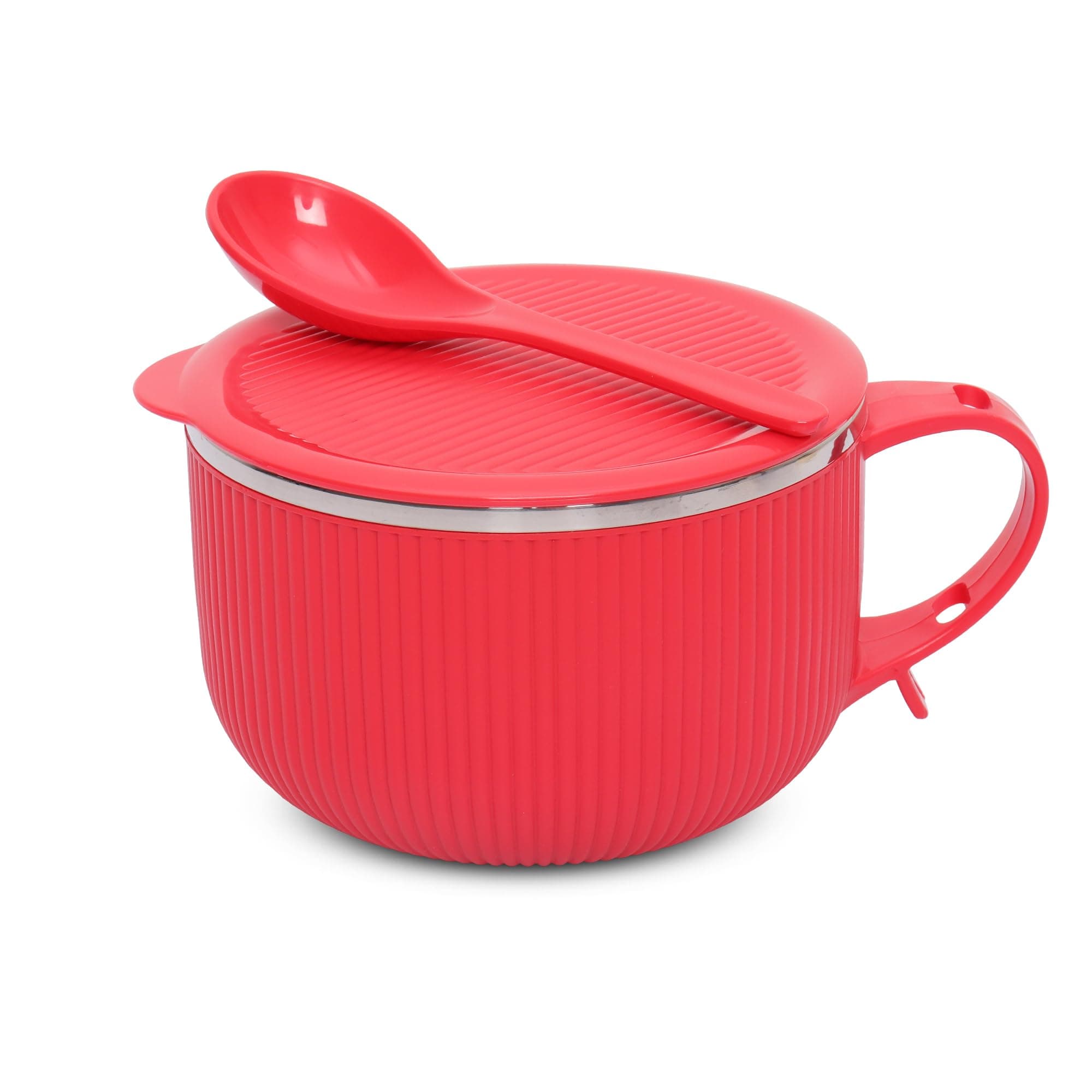 Jaypee Plus Stainless Steel Ribtok Meal Bowl Soup Bowl with Lid & Spoon for Every Day Breakfast Meal, Poha, Cornflaks, Cereal, Suitable for Birthday Gift Girls & Boys, 900ml,Red