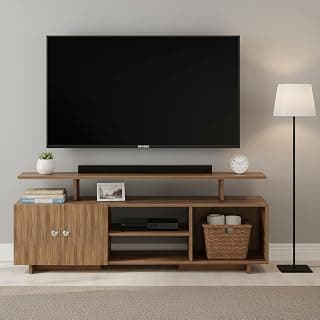 FURNEASER Eskido Engineered Wood TV Entertainment Unit, Floor Standing TV Cabinet with Storage Shelves for Living Room, TV Stand for 32,43,50 & 55 Inch TV (Exotic Teak & White) (Exotic Teak)