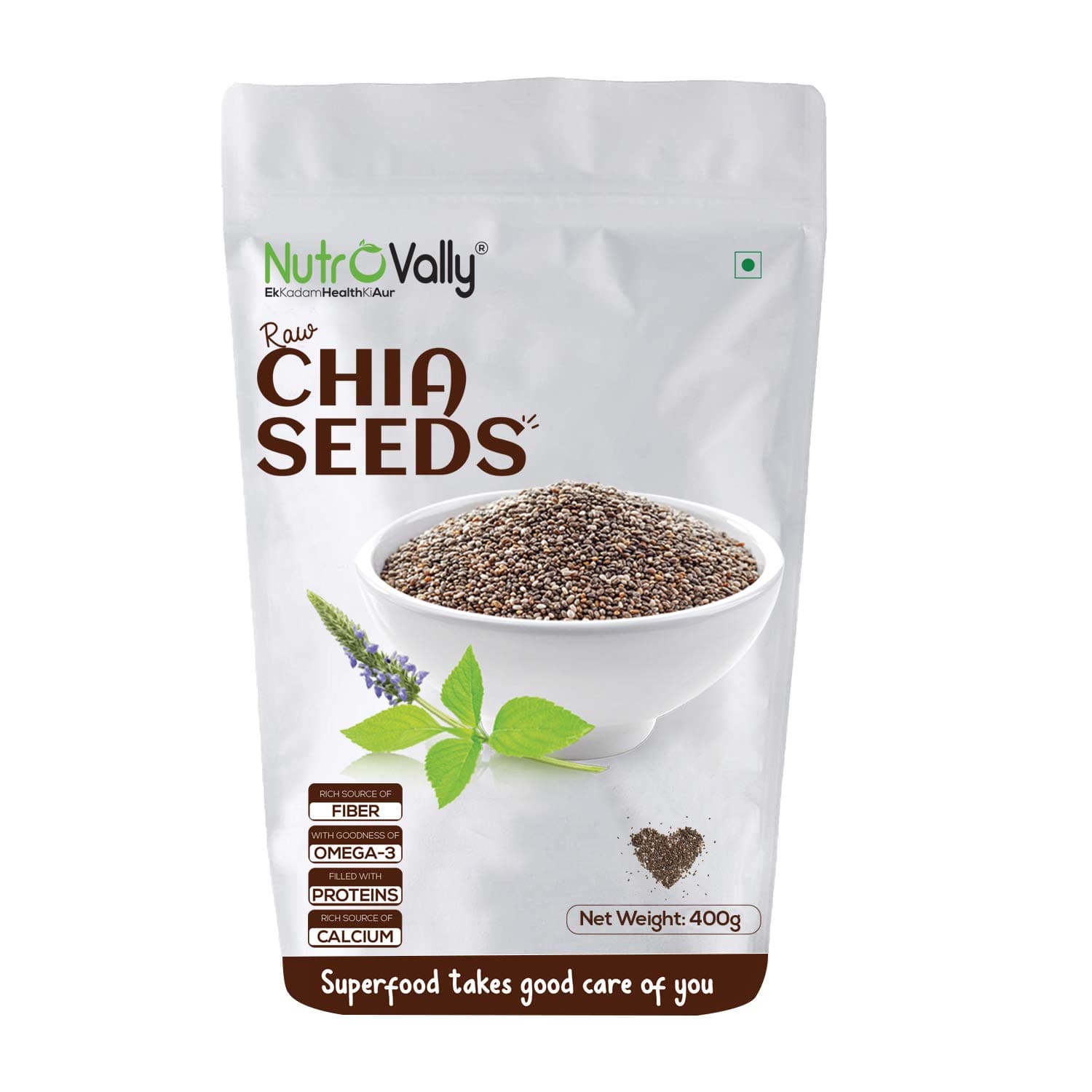 NutroVally Chia Seeds 400g Pouch| Premium Chia seeds| Help for Weight loss, Detox & Skin Glow|Chia seedsOrganic| Raw, Unroasted & Gluten-Free Superfood|Chia |Omega-3 & Protein|Zip Pouch |Vegan|