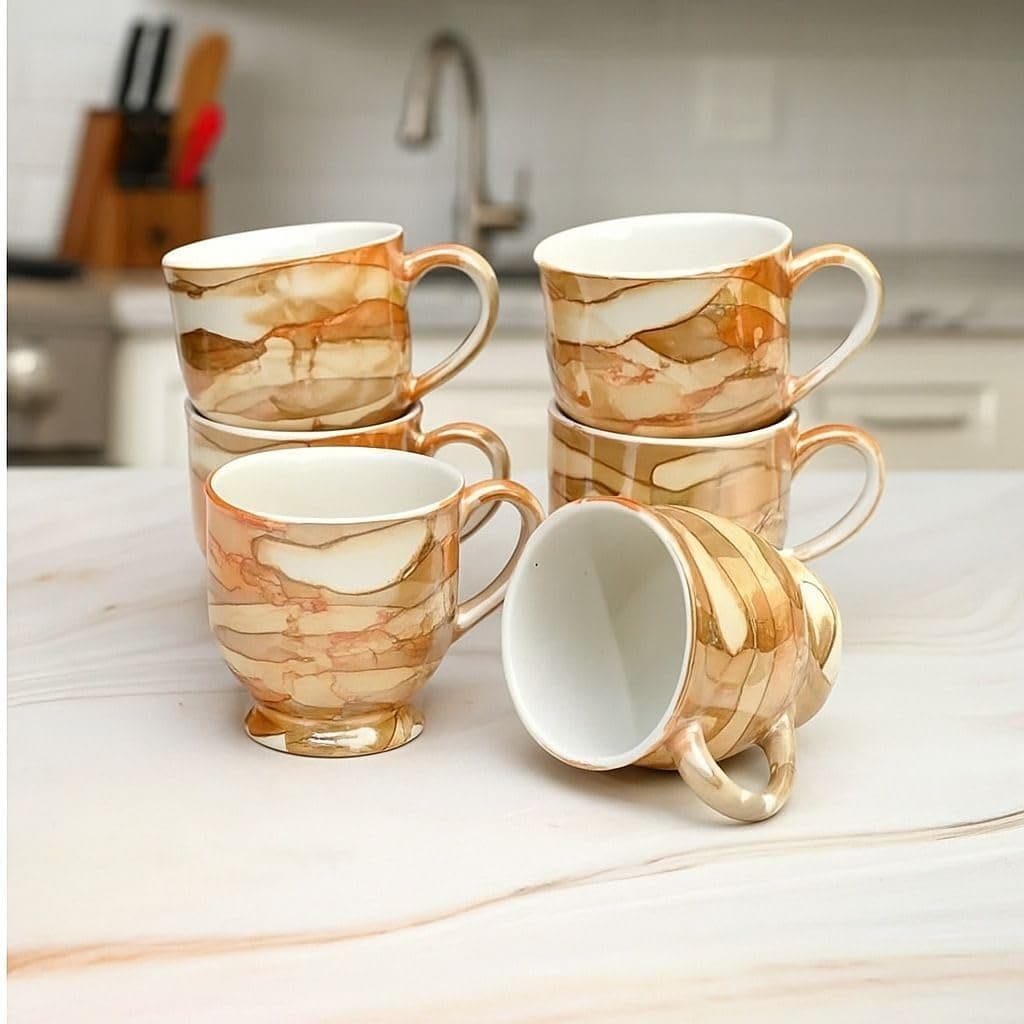 Advert Diva Bone China Ceramic Cup Set of 6 for Tea, Coffee, 150 ML Each, Microwave and Dishwasher Safe for Home & Office Use, Brown Beige