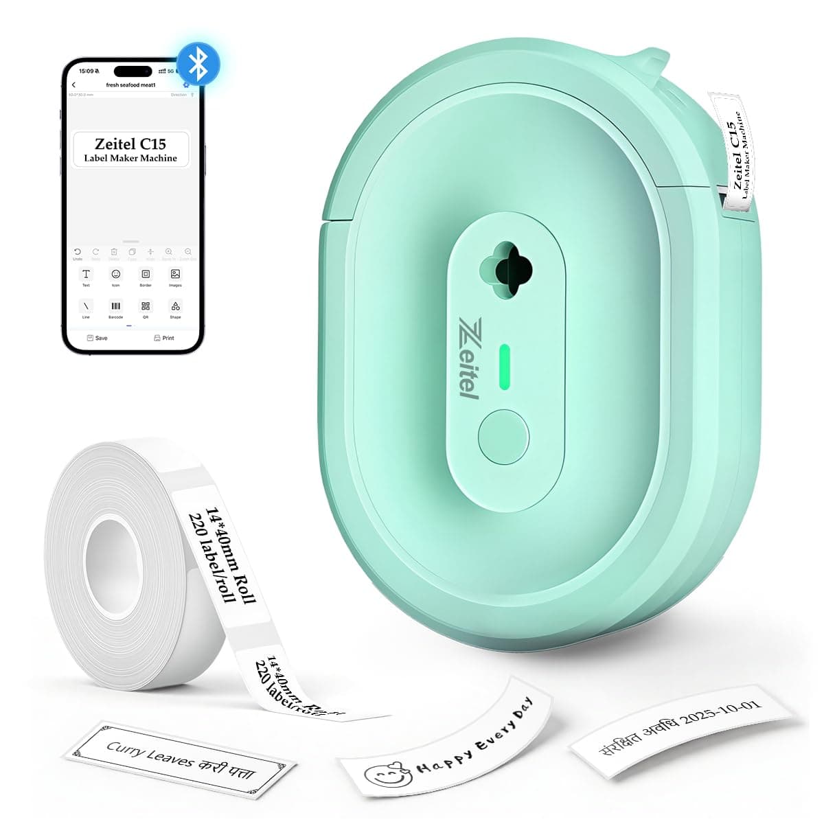 ZEITEL® Portable Mini Label Printer Machine 203DPI Wireless Pocket Label Maker for Home&Office Small Thermal Sticker Printer for Mobile Bluetooth Printers, with 1 Roll 14x40mm Lables,2 Year Warranty