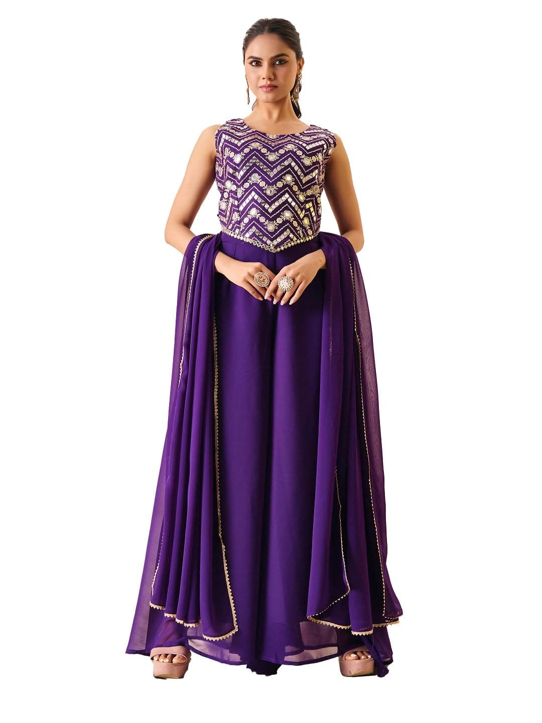 madhuram textiles Women'S Georgette Top Plazzo And Dupatta Set for Women Round Neck Mirror Embroidered Ethnic Wear Dress(M-2573 Purple)