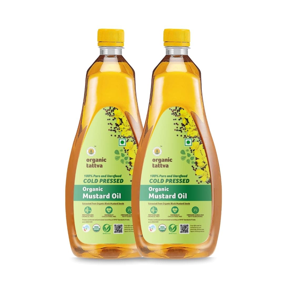 Organic Cold Pressed Mustard (Sarso) Unrefined Cooking Oil, 1 L, Pack of 2 | Cold Pressed, Pure, Extracted From Natural Mustard Seeds, Omega 3 & 6 Rich, No Added Preservatives, Ideal for Pickling