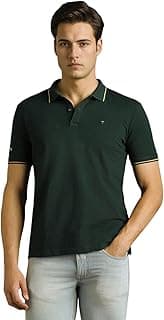 Louis Philippe Men's Slim Fit Single-Tuck Pique Stylized Sleeve Print and Contrast Tipping Half Sleeve Solid Polo Tshirt