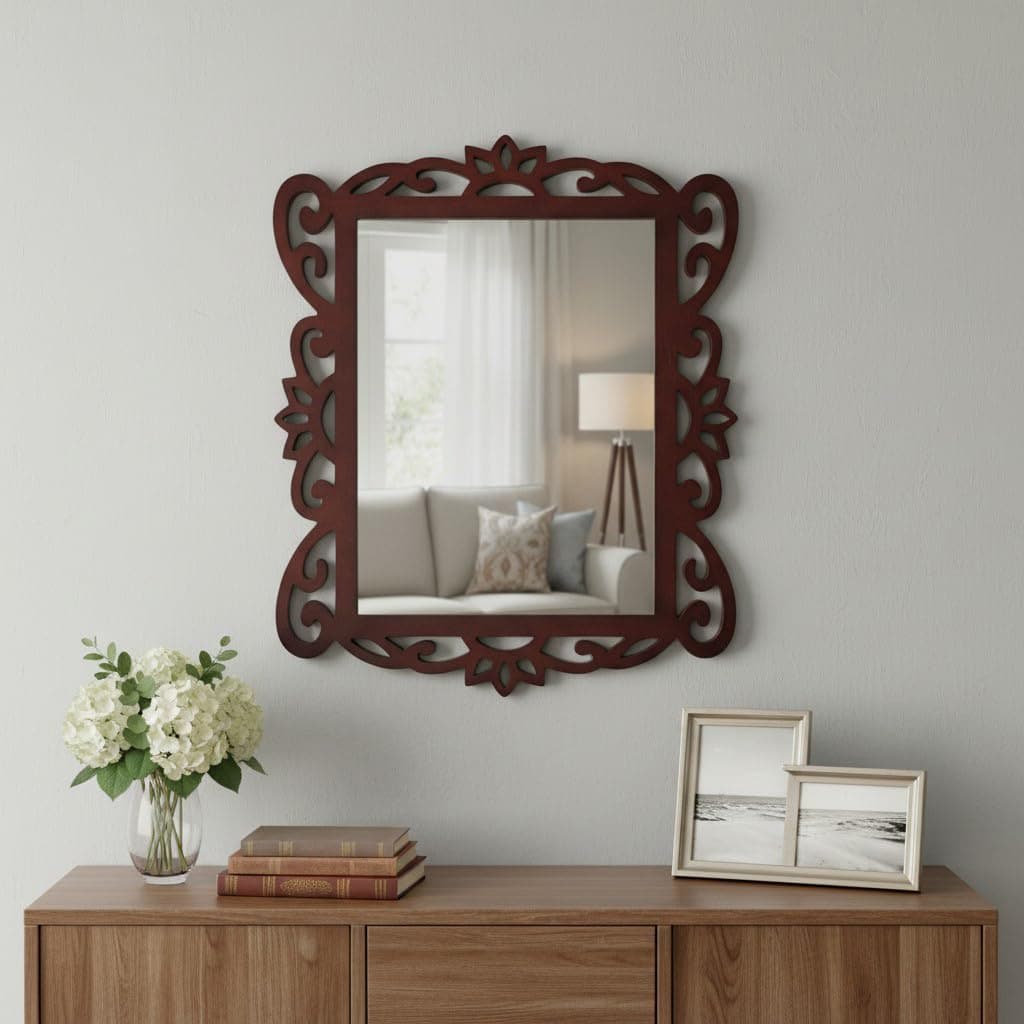 THE URBAN STORE Wall Mirror Wall Decoration | Wooden Distressed White Color 18"x15" Pack of One Modern Style Elegantly Hand Crafted Floral Carving Mirror for Home and Office Decor TUSMR83BR