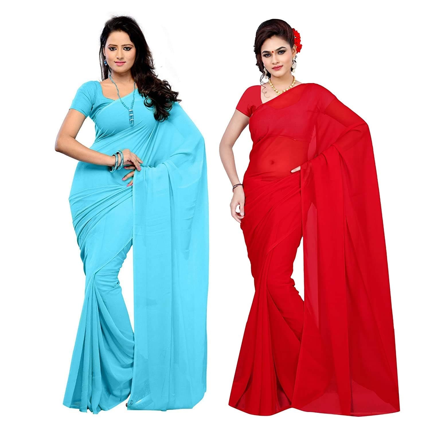 Sidhidata Women Textile Plain Georgette Saree With Blouse Piece Pack Of Two (Sky Blue-Red)