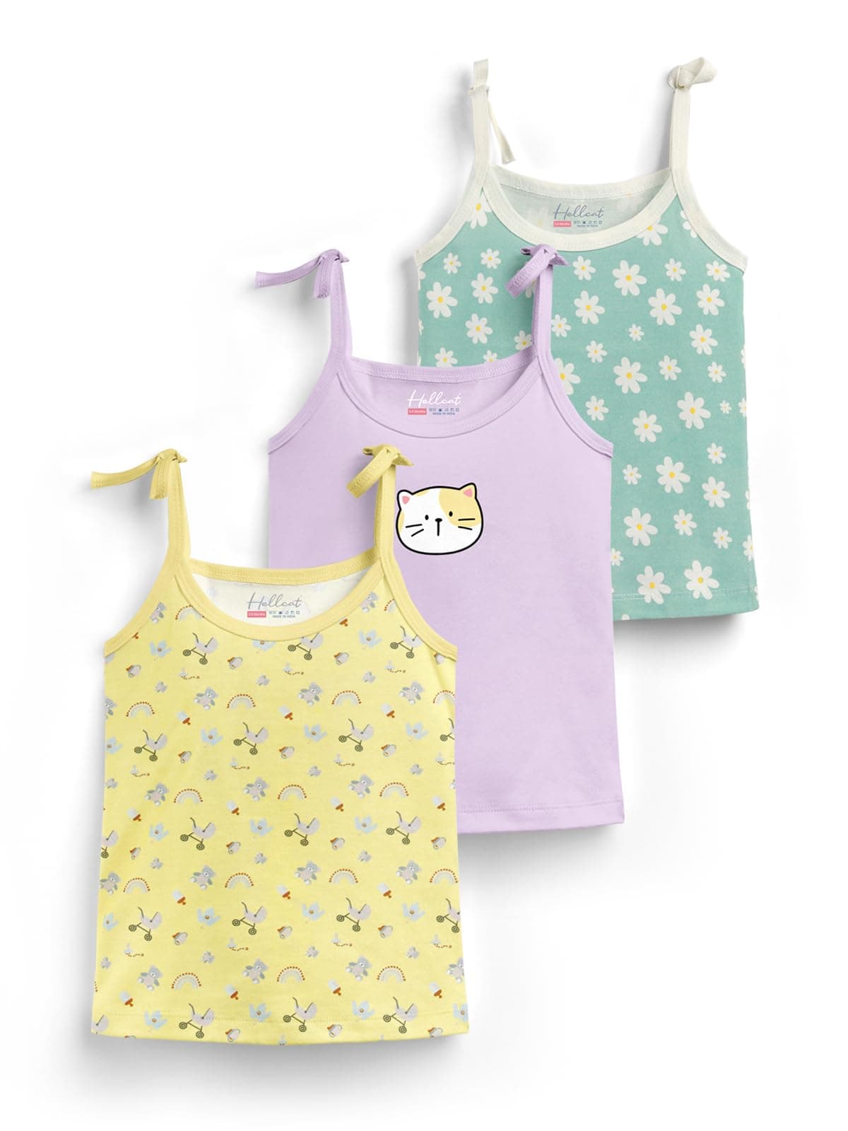 HELLCAT 100% Cotton Strap Open Jhabla Vest & T Shirt for Babies - Pack of 3 (Unisex,Knot Type Jabla)