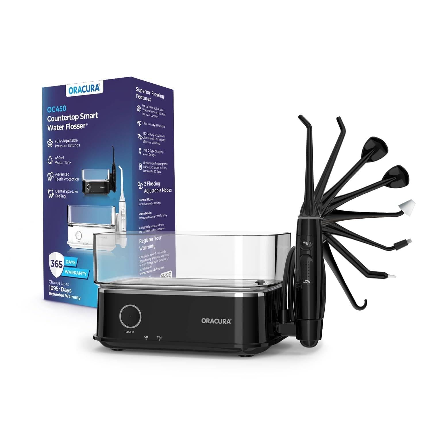 ORACURA® OC450 Dental PRO Countertop Smart Water Flosser® | 365 Days Warranty | 2 Modes, Adjustable Water Pressure Settings | 450ml Water Tank | Rechargeable | 30-Day Battery Life | 8 Nozzle Tips