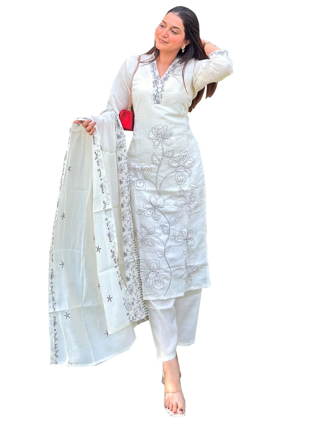 VredeVogel Women's Silk Blend Embroidered Kurta Pant with Dupatta Set | Festive & Casual Summer Kurti with Pants for Party Office & Ethnic Occasions
