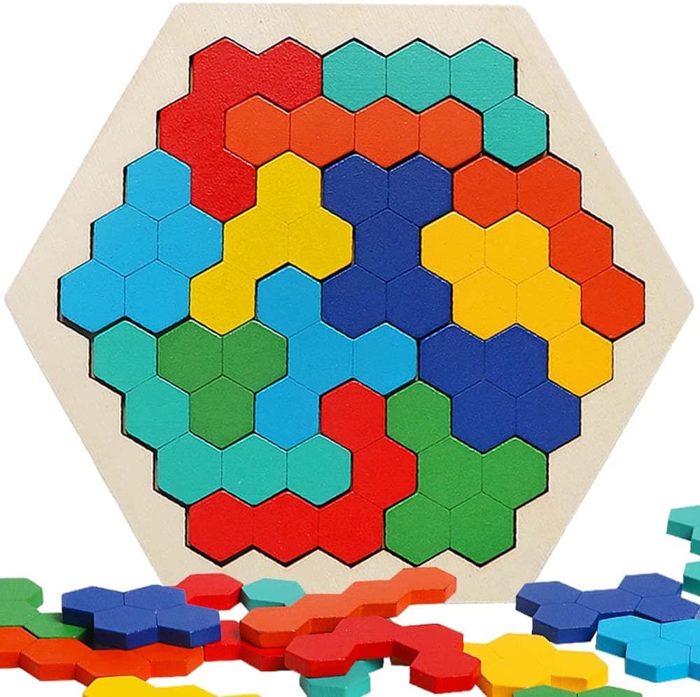 Kliffoo Wooden Puzzle Toys For Kids 3+Years Wooden Hexagon Puzzle Tangram Brain Teaser Toy Kid Toddler Puzzles Shape Pattern Block Geometry Logic IQ Game STEM Montessori Educational Gift for Challenge