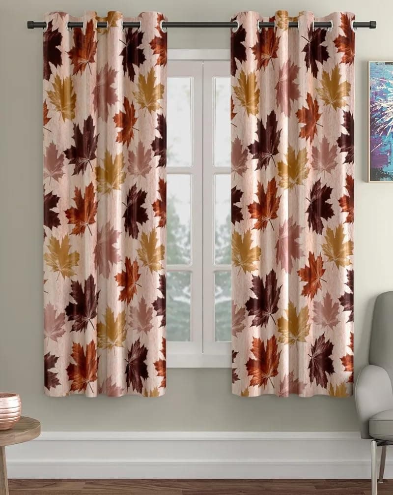 HUTI 5 Feet Brown Window Curtain Set of 2 | Semi Transparent Leaf Printed Curtain | Light Filtering Polyester | Eyelet Curtains for Living Room & Bedroom 4x5 ft (120 x 150 cm) | Perfect for Home Decor