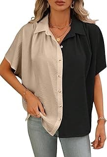 GRECIILOOKS Oversized Shirt for Women | Shirt Top for Woman |Women’s Color Block Button Down Blouse – Casual Loose Fit Short Sleeve Summer Shirt’s Work, Vacation & Everyday Wear