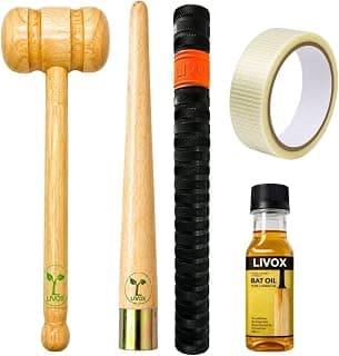 LIVOX Cricket Bat Preparation Kit with Double Sided Knocking Wooden Mallet, Bat Grip, Cone and Linseed Oil 100ml, Pack of 5