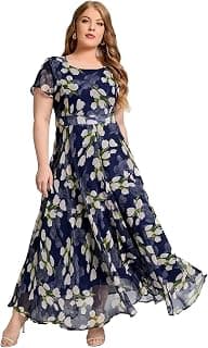 Shasmi Women's Navy Blue Georgette Digital Floral Printed Floral Printing Short Sleeve A-Line Maxi Gown Dress for Women (Gown Dress 248)