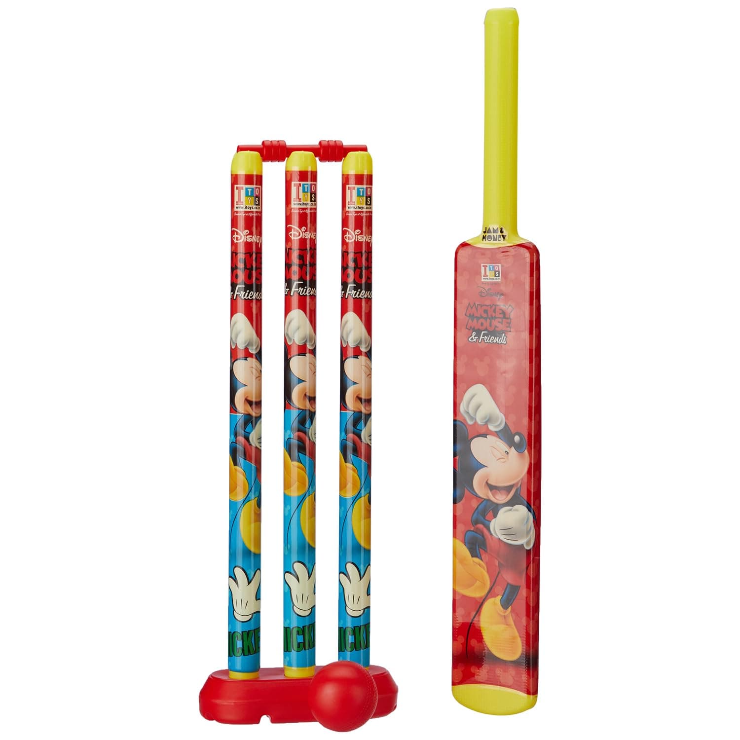 Amazon Brand Jam & Honey Mickey Mouse Cricket Set for Kids, BIS Safe for Kids, Complete Cricket Kit with Bat Ball Stumps Bails and Holder, Indoor Outdoor Sports Toy for Kids Age 3+ Years
