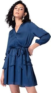 FabAlley Women's Satin Blue Tiered Dress with Fabric Belt Mini