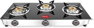 Pigeon Ayush 3 Burner High Powered Brass Open Gas Stove Cooktop with Glass Top and Stainless Steel Body (Black, Standard)