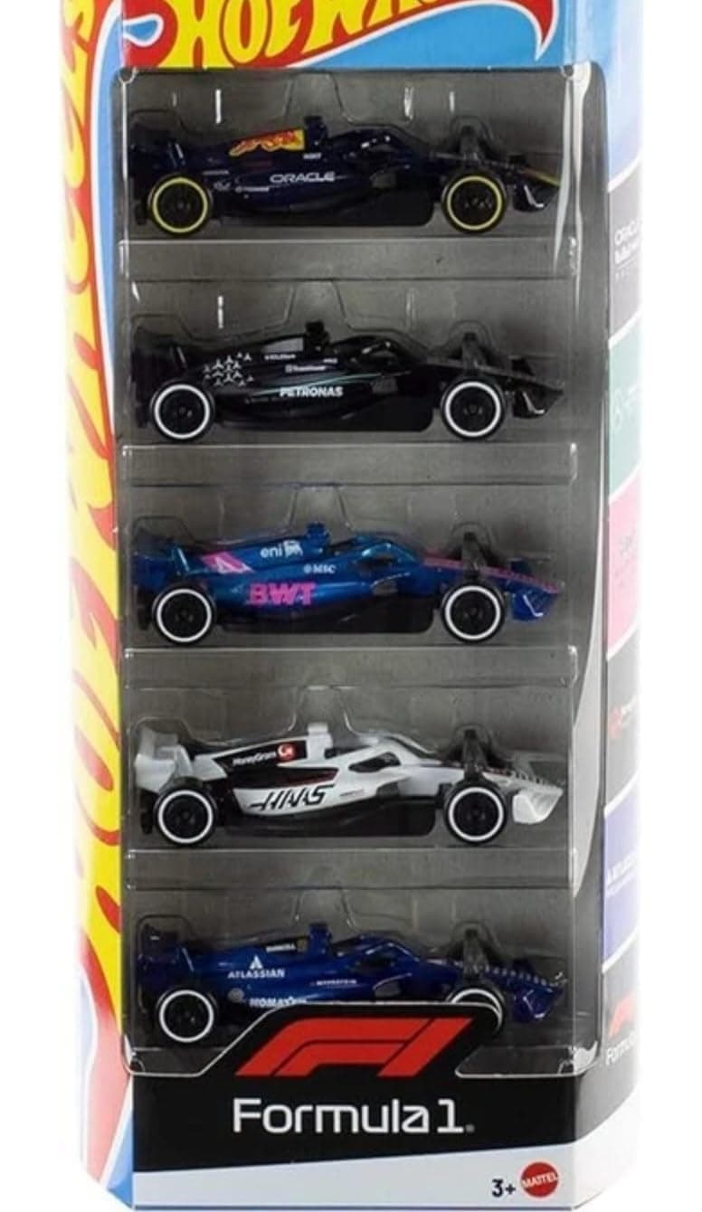 Funtique HW's Formula 1 Die-Cast Toy Cars, 5-Pack, 1:64 Scale, Officially Licensed F1 Race Cars, for Play or Display