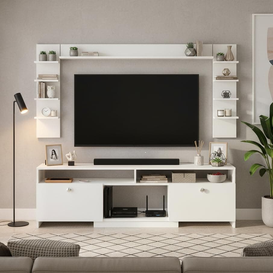 FURNEASER Samnor Engineered Wood TV Unit for 65 Inch TV | Floor Standing TV Cabinet with Storage Shelves | Entertainment Unit, TV Table, Set Top Box Stand for Living Room (White)