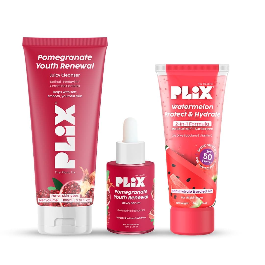 PLIX- THE PLANT FIX Pomegranate Youth Renewal Juicy Face Wash Cleanser + Pomegranate Youth Renewal Dewy Serum + Watermelon Dual Sunscreen Moisturizer | Retinol | SPF 50 PA++++ | Youthful Glow