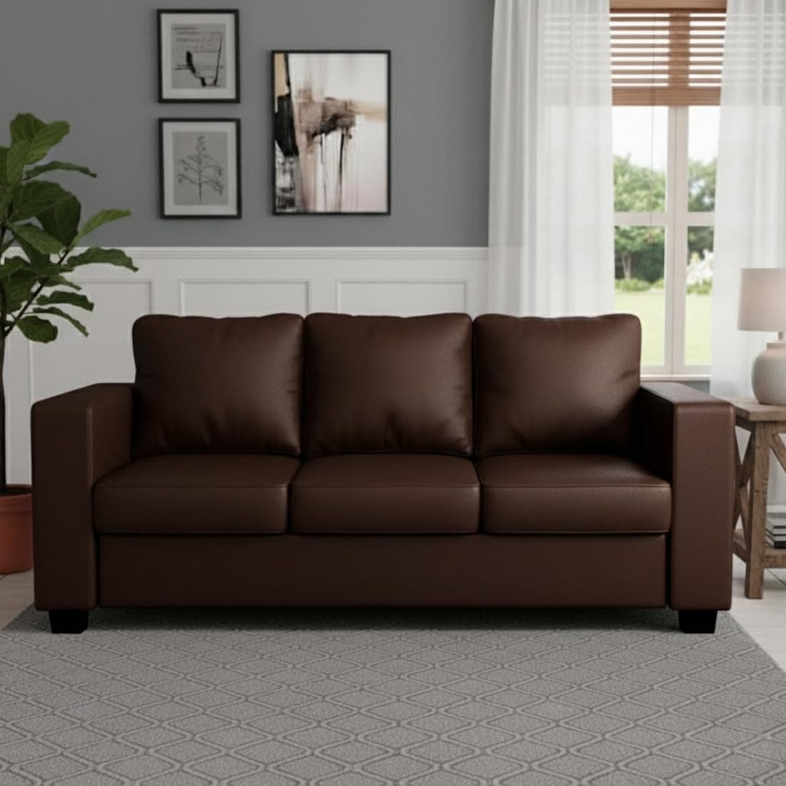 FURNY Harloy 3 Seater Leatherette Sofa Set (Brown) in Premium Finish | Durable Comfort | Ideal for Living Room