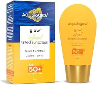 Aqualogica Glow+ Infused Tinted Sunscreen For All Skin Types Spf 50+ Pa++++ With Papaya & Vitamin C | Protection Against Uva/B | Universal Tint | For Glowing & Sun-Safe Skin | 50 Gm, Pack Of 1