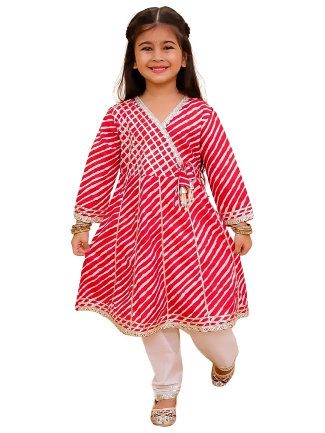 AJ DEZINES Kids Cotton 3/4th Sleeve Kurta Sharara Set for Girls - Ethnic Wear | Festival Outfit - Leheriya Printed Kurti, Regular Fit Pant