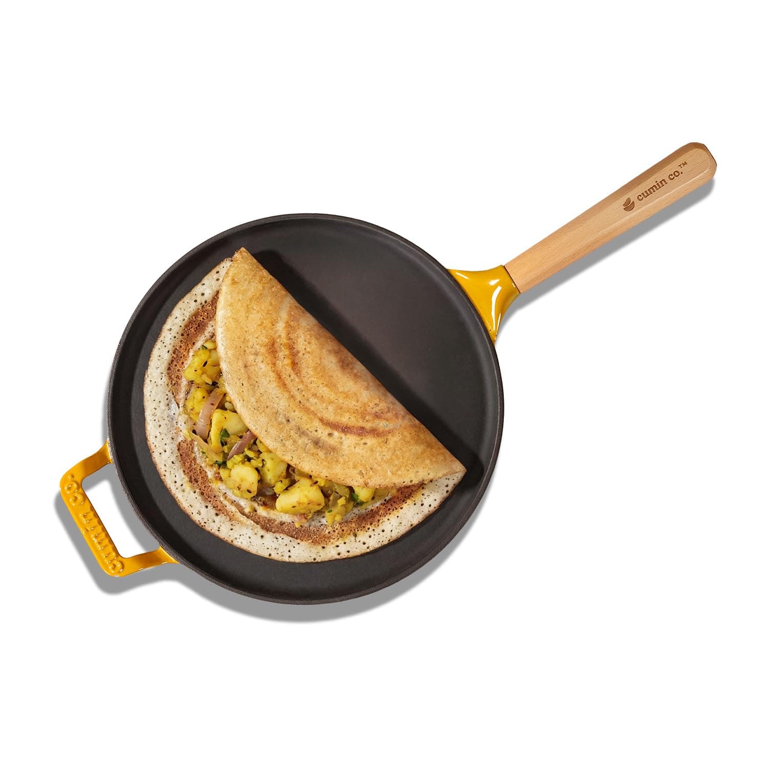 CUMIN CO. Cast Iron Non Stick Dosa Tawa 28 cm | Induction Base Cookware | 10 Year Warranty | Chemical Free Coating | Non Toxic Tawa for Dosa/Chilla | Free Accessories | No Seasoning Needed | Mustard