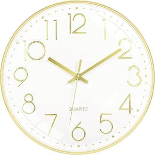 Rylan Plastic, Analog Wall Clock 12", Silent Quartz, Non-Ticking, Easy to Read, Battery Operated, Round for Room/Kitchen/Bedroom/Office/School, Gold White