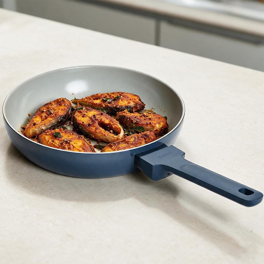 Ember Cookware Arcilla Ceramic Frying Pan 24 cm | 5-Year Warranty | 75% Less Oil Usage | Lightweight, Non-Toxic Non-Stick Ceramic Frypan | Matching Handle- Gas Compatible | ISI Certified | Blue