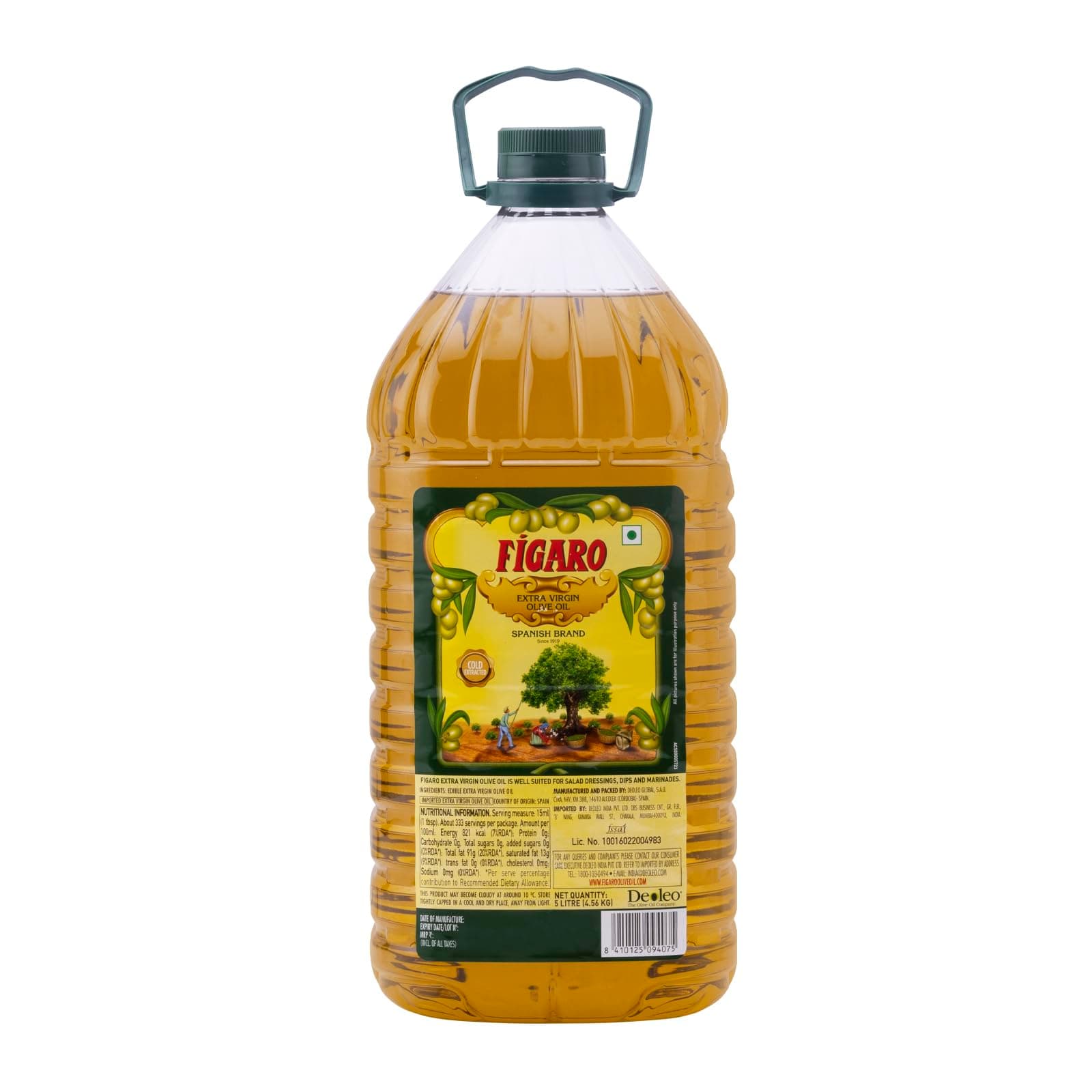 Fígaro Extra Virgin Olive Oil- 100% Natural and Cold Extracted- Perfect for Salad, Paratha, Marinade- Imported from Spain- 5L Jar
