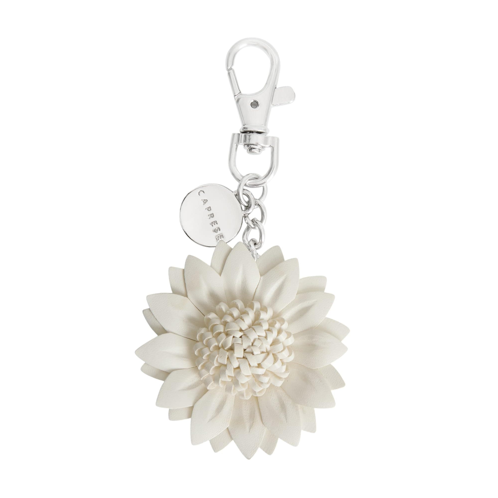 Caprese Dahlia Flower Purse Hook & Bag Charm for Handbag – Detachable Zinc Alloy & PU Leather Accessory | Holds up to 7 kg (White)