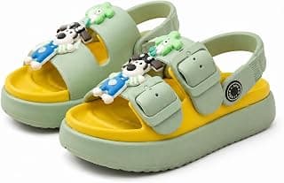 Generic Kids Sandals with Cartoon Print, Green and Yellow, Adjustable Straps, Comfortable Footwear