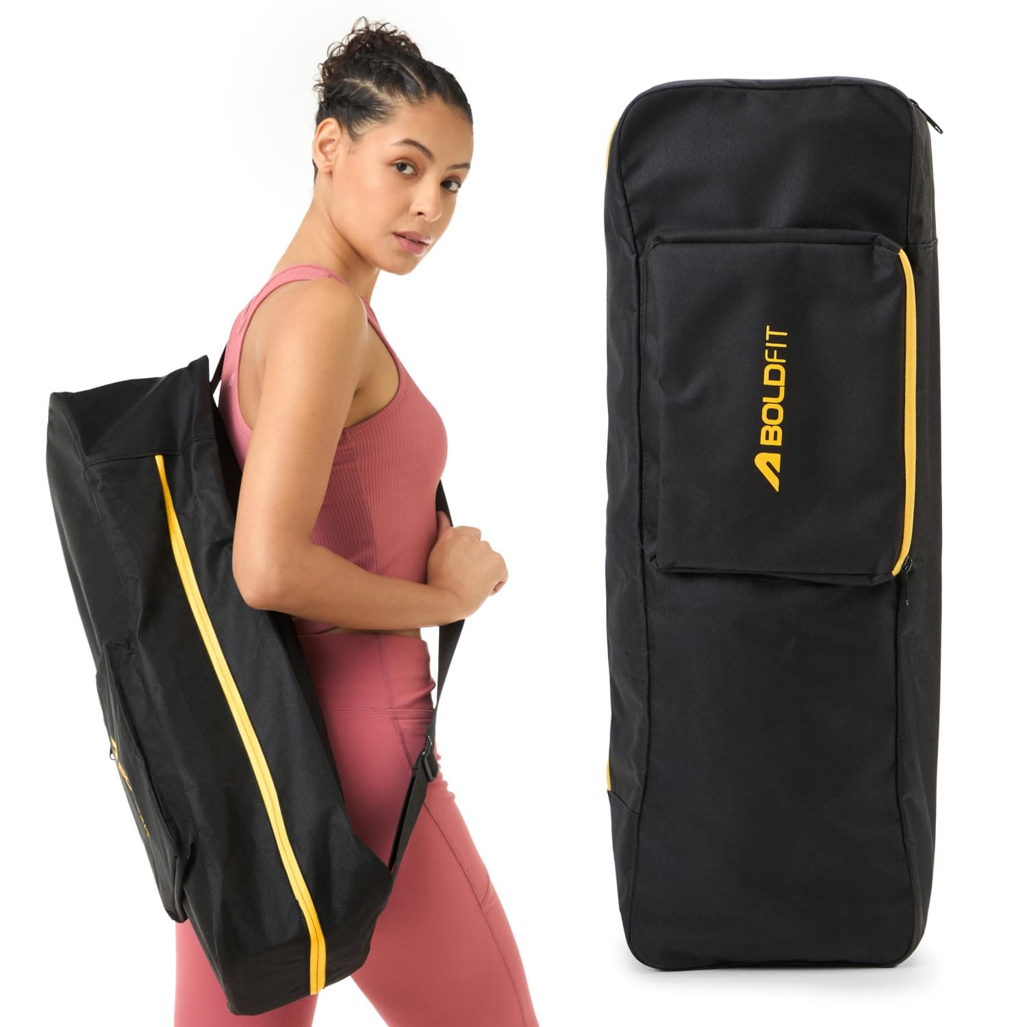 Boldfit Yoga Mat Cover Bag Black Yoga Mat Case for Carrying Polyester Exercise Yogacase Bag with Zipper & Shoulder Strap Yogamat Bags Cover Upto 10mm Thickness Matcase Yogabag - Black