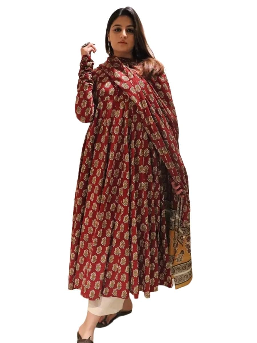 Klosia Women Printed Anarkali Kurta and Pant Set with Dupatta | Printed Kurta Set | Viscose Kurta Set | Women Kurta Set | Summer Suit Set |
