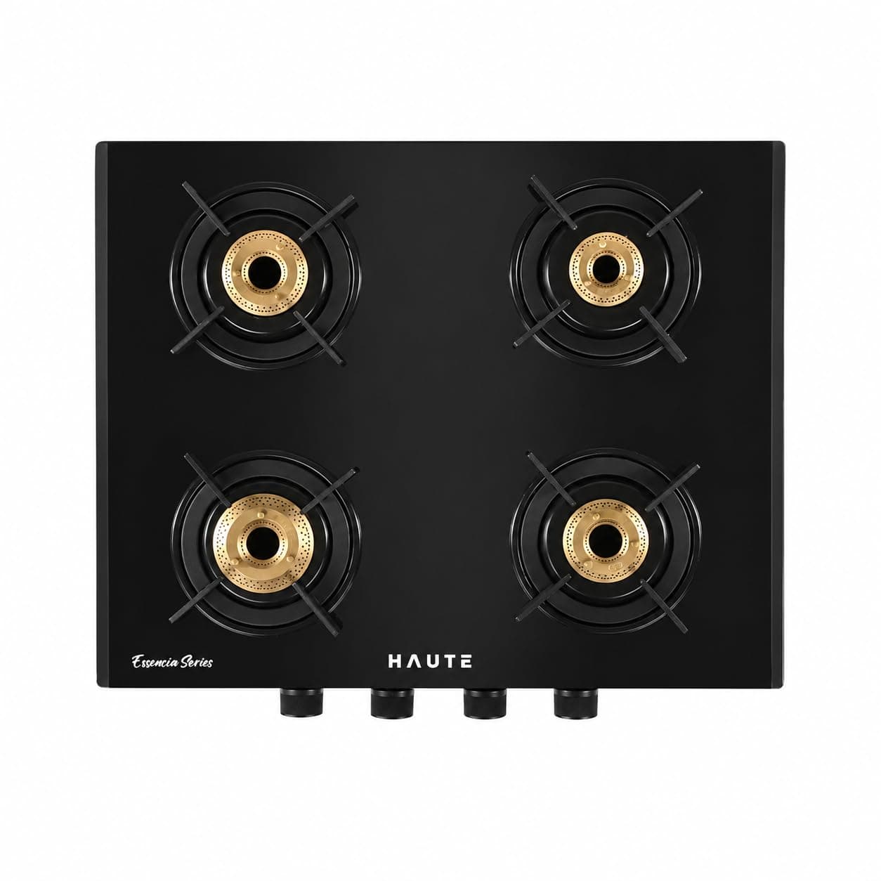 Essencia Series All Black 4 Burner Gas Stove | Manual Ignition | 7mm Toughened Glass | ABS Unbreakable Knob | Door Step Service | 10 Years Glass Warranty | 2 Years Manufacturing Warranty by Haute Home