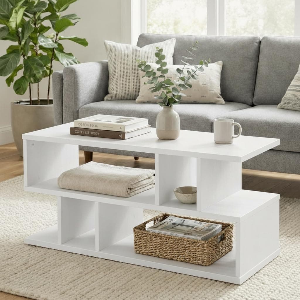 FURLAY Zentro Modern Coffee Table & TV Stand for Living Room, Mid Century Wood Entertainment Center with Open Storage Shelves, Minimalist Media Console Table for Home (White)