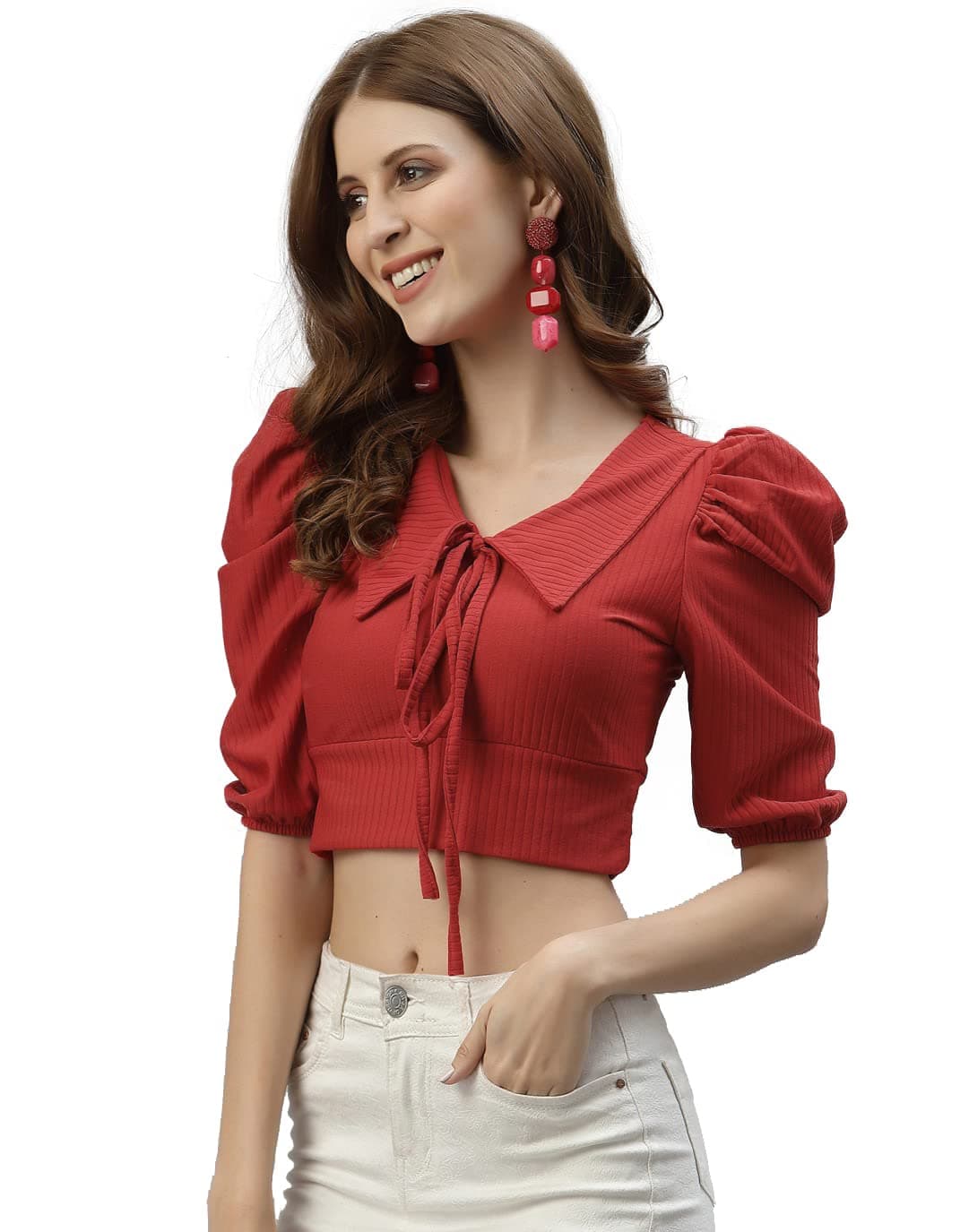 Mehrang Women's Solid Ribbed Crop Tank Top Ribbed Tops for Women V-Neck 3/4th Balloon Sleeves