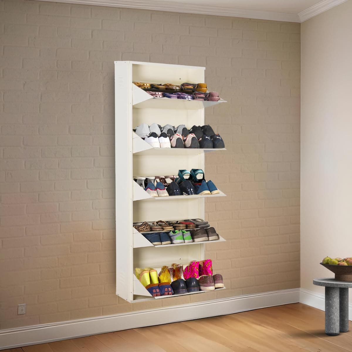 DELITE KOM 24" Wide, 10 Shelf Metal Shoe Rack Wall Mounted for Home with Central Lock | Holds Upto 30 Shoes or 50 Slippers Pair | Double Decker, 1 Yr Warranty, (67x24x8, Ivory), DIY, Space Saver