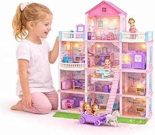 Dreamhouse Dollhouse Set with 2 Doll Toy Figures, 4-Story Luxurious Doll House Villa with 11 Rooms with Accessories and Furniture, Dollhouse for 3 4 5 6 7 8+ Year Old Girls, Multicolor