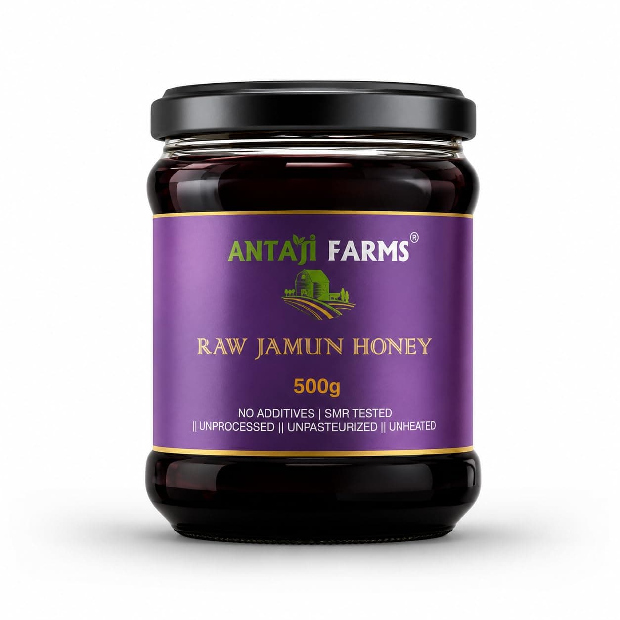 ANTAJI FARMS Raw Jamun Honey Pure and Natural, Unprocessed & Unpasteurized Healthy Honey | Harvested from Wild Honey Bee Hive Honey Reusable Airtight Jar (500gm)