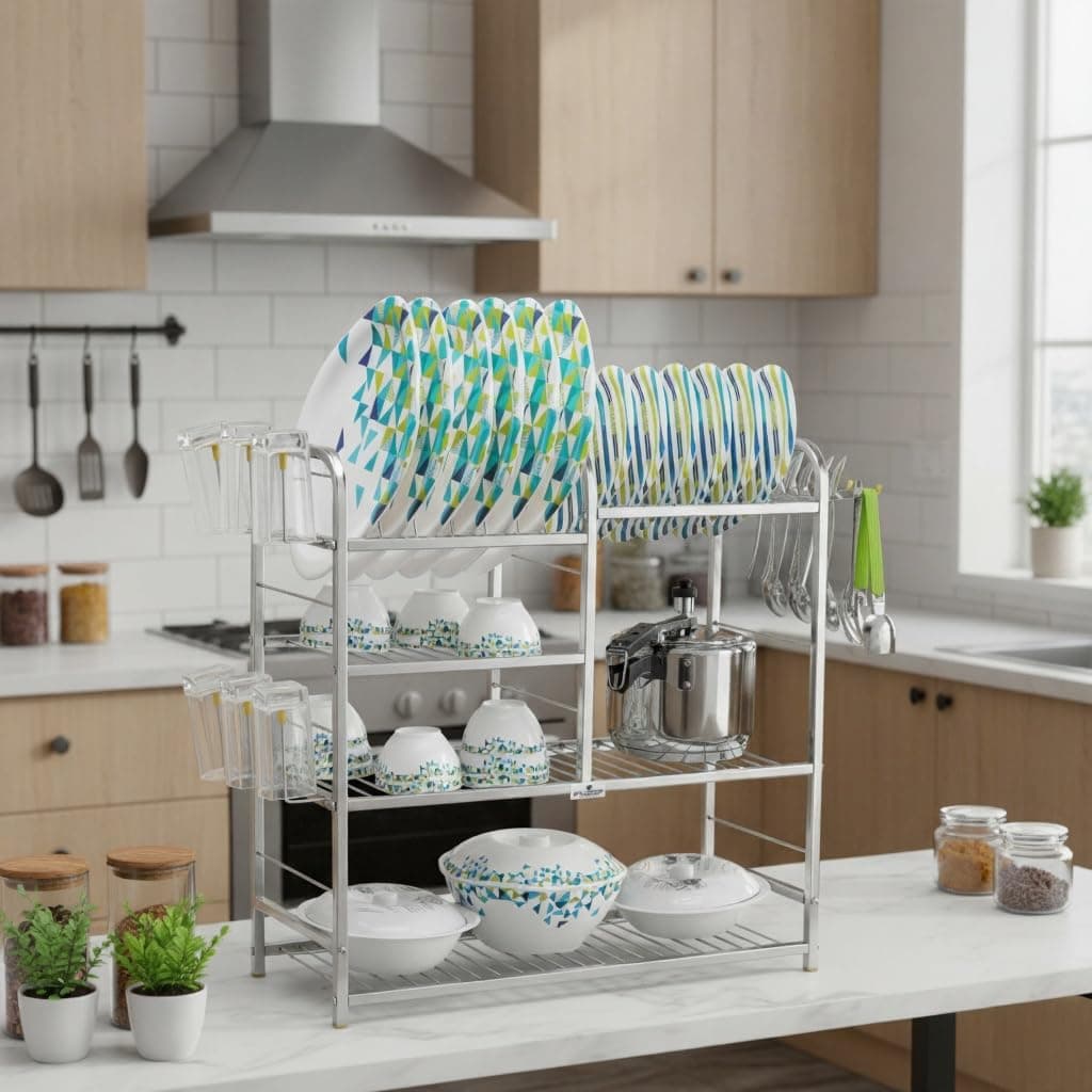 Homify 24x24 Inch Stainless Steel Wall Mount Kitchen Dish Rack | Utensil Stand with Plate & Cutlery Holder | Modern Kitchen Rack for Bartan Storage | Rust-Proof, Heavy Duty & Space Saving