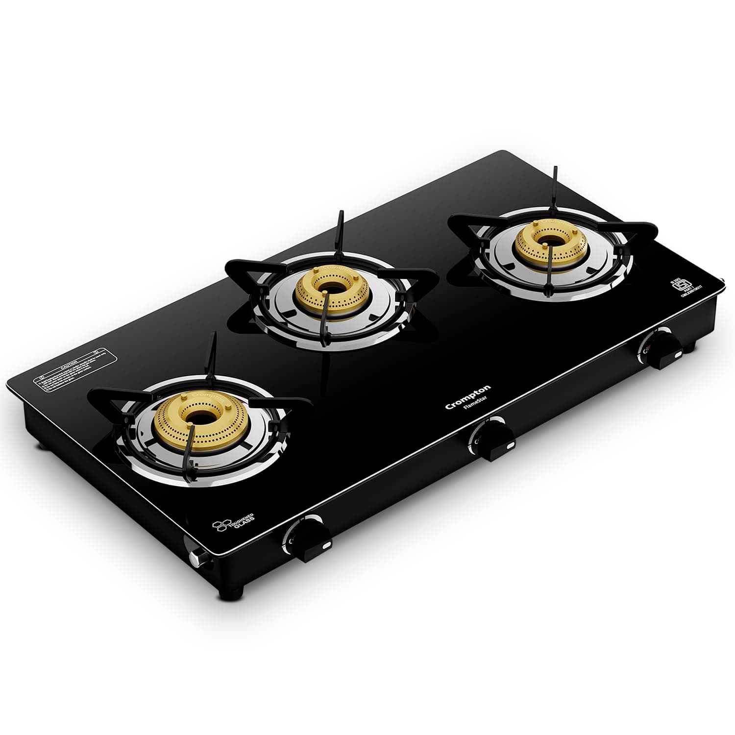 Crompton FlameStar 3 Burner Glass Top LPG Gas Stove | 1 Jumbo & 2 Medium Brass Burner | Max Space | Easy Cleaning | Toughened Glass | Tri Pin Burners | 2 Year Manufacturer's Warranty